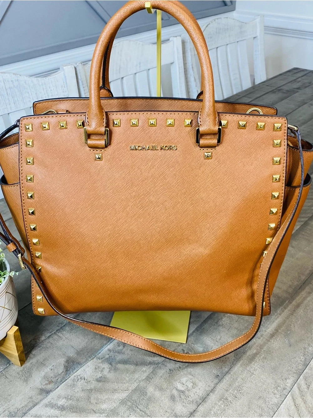 Michael Kors Selma Studded Large Brown Satchel Zip, Gold Hardware, Strap